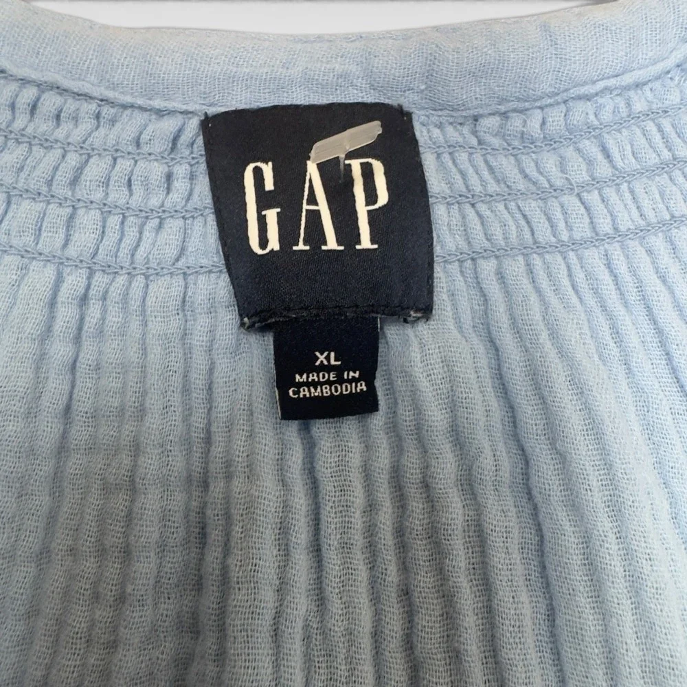 Gap Cotton Gauze Tiered Dress XL Light Blue Short Sleeve Mini V-Neck Coastal - Picture 3 of 9